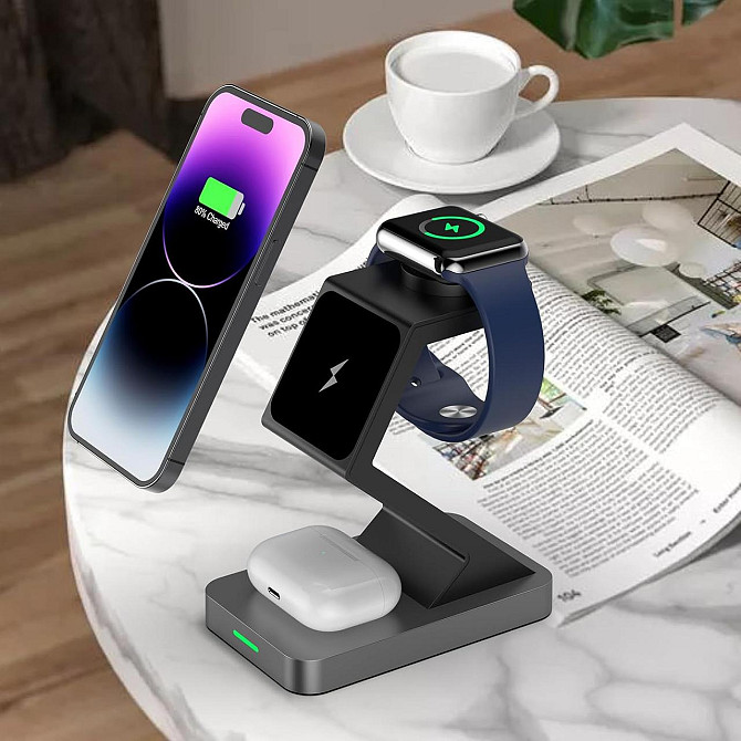 Магнітна бездротова зарядка 3в1 JIANUO, 15W, MagSafe для iPhone, AirPods, Apple Watch, адаптер в комплекті, чорна Київ - фото 2