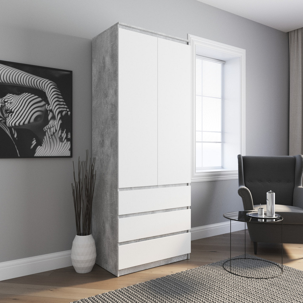 Шкаф для одежды VAYS R-9 Бетон-Белый фасад, 3 ящика, штанга, без ручек, ЛДСП, 80×50×211 см – для спальни, гостиной, прихожей Львов - изображение 1