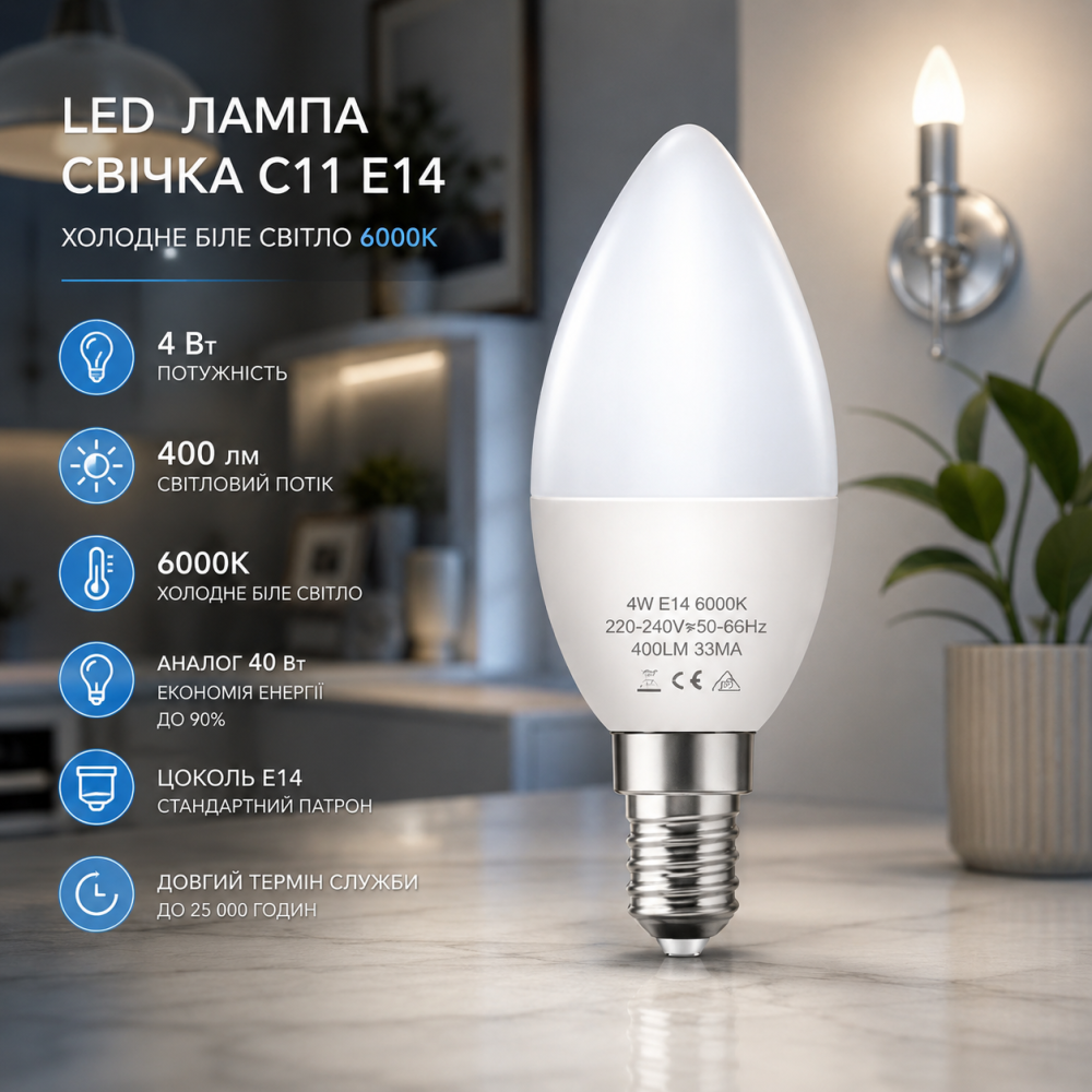 LED лампа-свеча Fulighture E14 C11 4 Вт 400 лм 6000K, аналог 40 Вт, холодный белый свет, 1 шт Киев - изображение 7