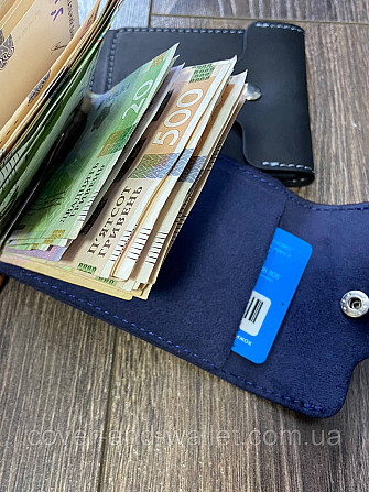 Шкіряний затискач для купюр та карток на кнопці синього кольору LQ Leather Київ - фото 5