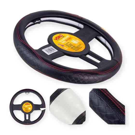 Чехол m кожа (37 - 39 см) черный перфор. вставка, один шов, белая основа VLOD-L2170 BK/RD руля Мукачево