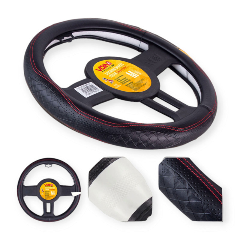 Чехол m кожа (37 - 39 см) черный перфор. вставка, один шов, белая основа VLOD-L2170 BK/RD руля Мукачево - изображение 4