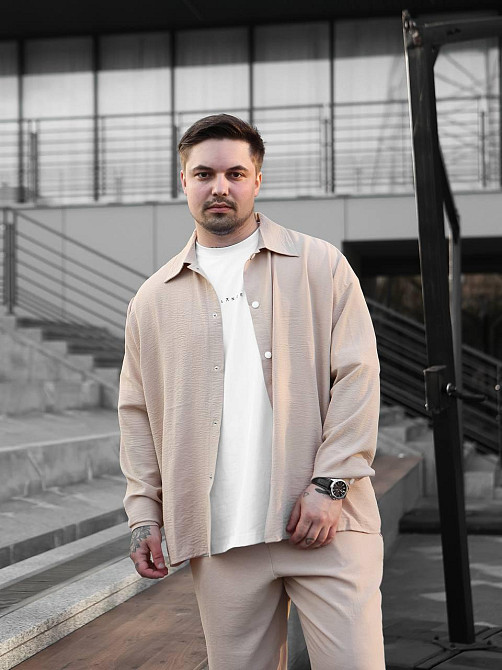 Чоловічий літній костюм Casual сорочка і штани Оверсайз жатка весна літо SANE бежевий Одеса - фото 5