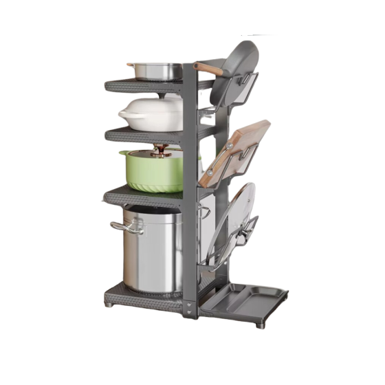 Полка-подставка для кастрюльна 4 полки двухсторонняя с тремя держателями для крышек з углеродистой стали,серая Каменец-Подольский