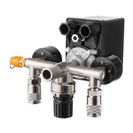 Пресостат 380 В (блок автоматики компрессора) в сборе: прессостат, редуктор, 2 манометра, предохранительный клапан, 2 выхода, 10 бар Киев