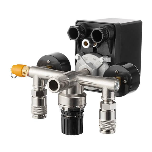 Пресостат 380 В (блок автоматики компресора) в зборі: пресостат, редуктор, 2 манометри, запобіжний клапан, 2 виходи, 10 бар Київ - фото 2