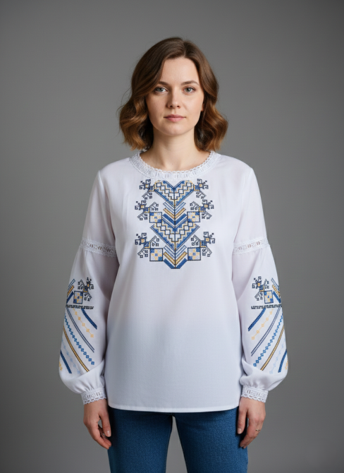 Женская вышиванка на домотканном холсте Дерево жизни сине-желтый орнамент 54 Киев - изображение 1