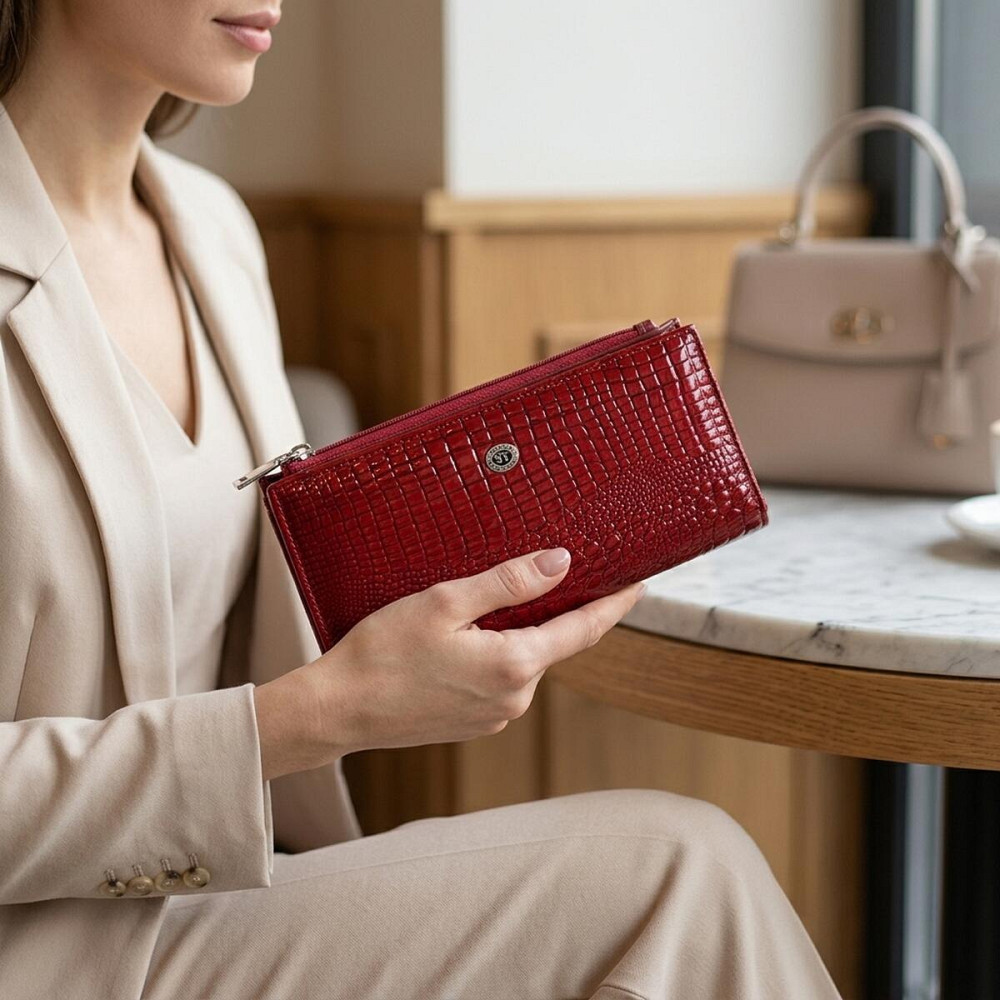 Лакированный яркий кошелек с фактурой под рептилию из натуральной кожи ST Leather 22715 Красный Киев - изображение 12