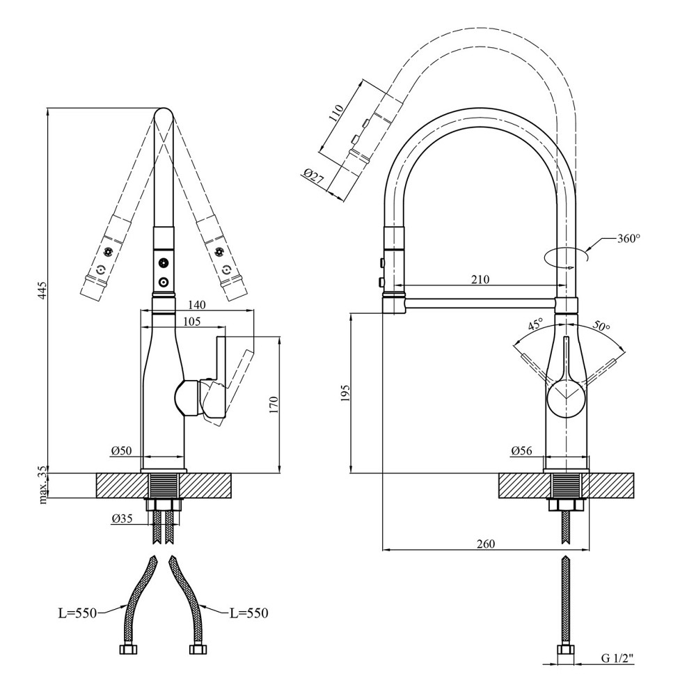 Змішувач для кухні з гнучким виливом Kroner KRP Ersel - C03111BLK хром/чорний Київ - фото 2