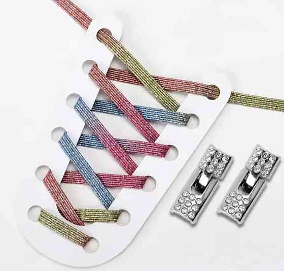 Шнурки эластичные глиттерные с металлической серебристой застежкой со стразами Разноцветный Смела
