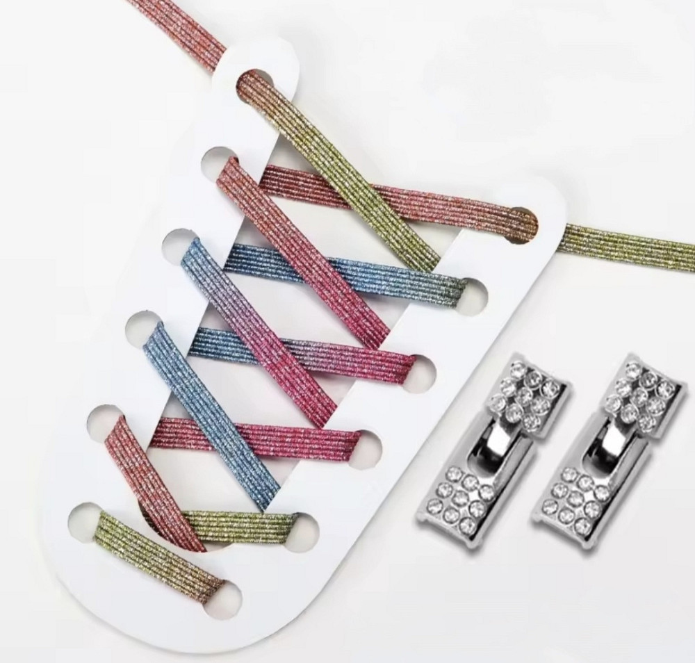 Шнурки эластичные глиттерные с металлической серебристой застежкой со стразами Разноцветный Смела - изображение 1