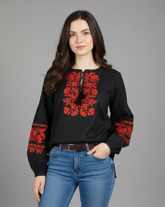 Борщівська чорна натуральна жіноча вишиванка з червоною вишивкою 48 Київ - фото 1
