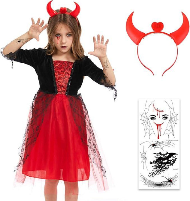 Костюм платье вампира чёртика для девочек красное, комплект на Хэллоуин обруч с рожками наклейки на 105-115 см Киев - изображение 1