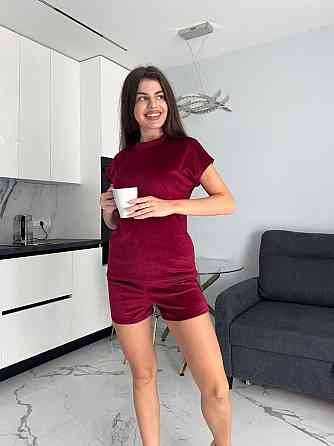 Женский домашний костюм тройка: футболка брюки + шорты плюш-велюр Бордовый, 46/48 Одесса