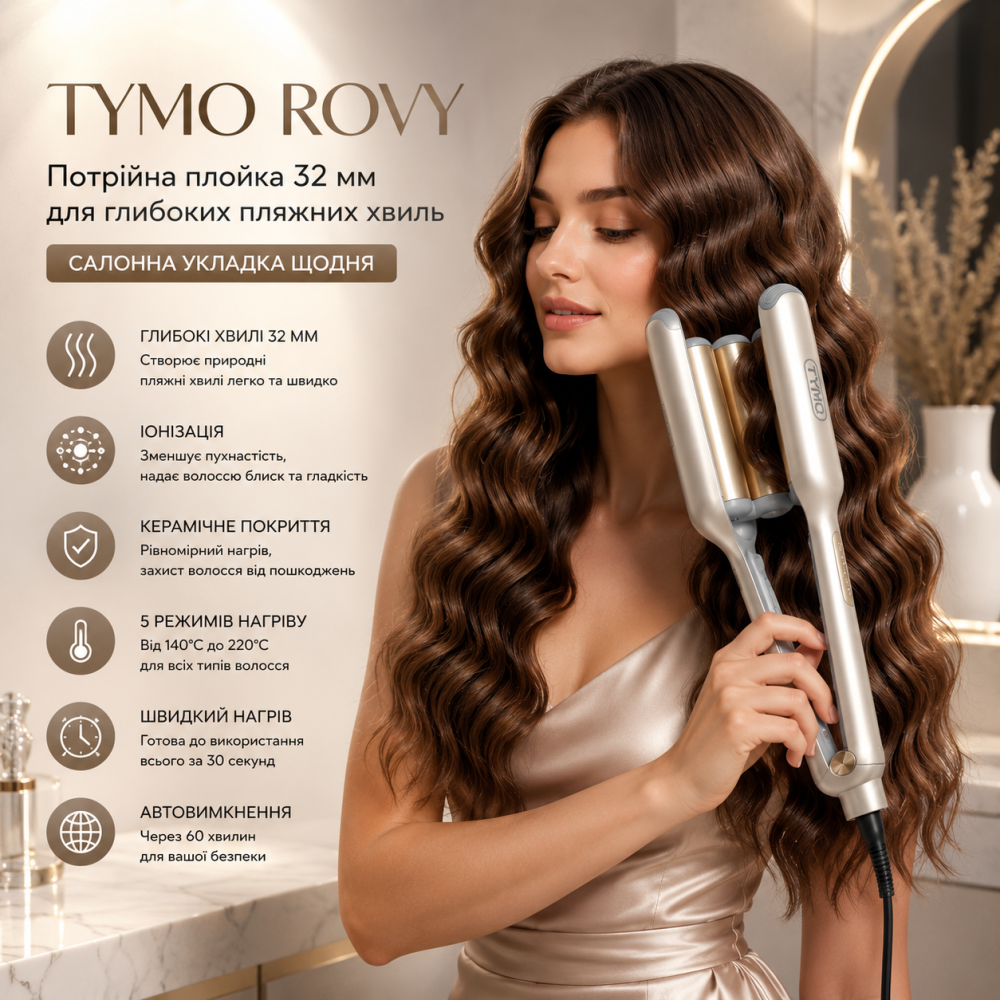 Плойка для волос TYMO Rovy Серая Тройная плойка для глубоких пляжных волн 32 мм с ионизацией и керамикой Киев - изображение 8