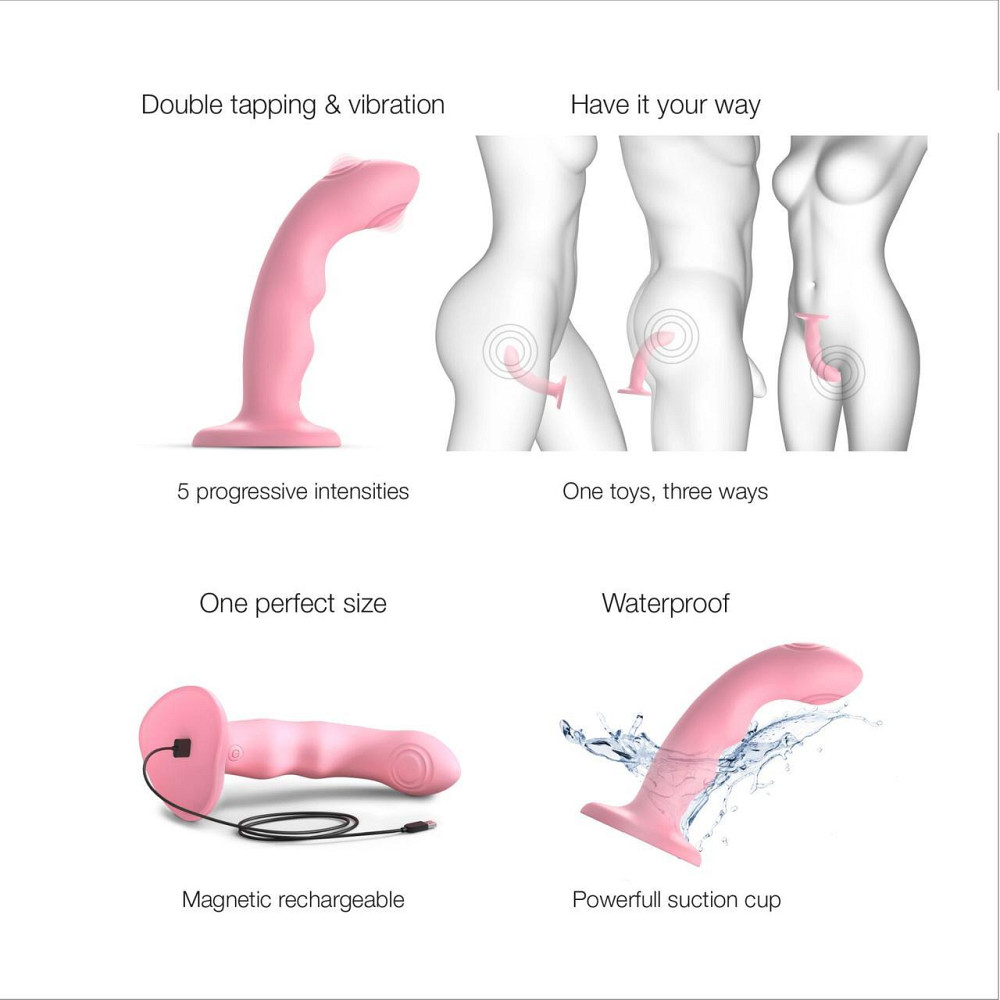 Насадка для страпона з подвійною точковою пульсацією Strap-On-Me TAPPING DILDO WAVE – CORAL PINK, М Sex Aura Київ - фото 3