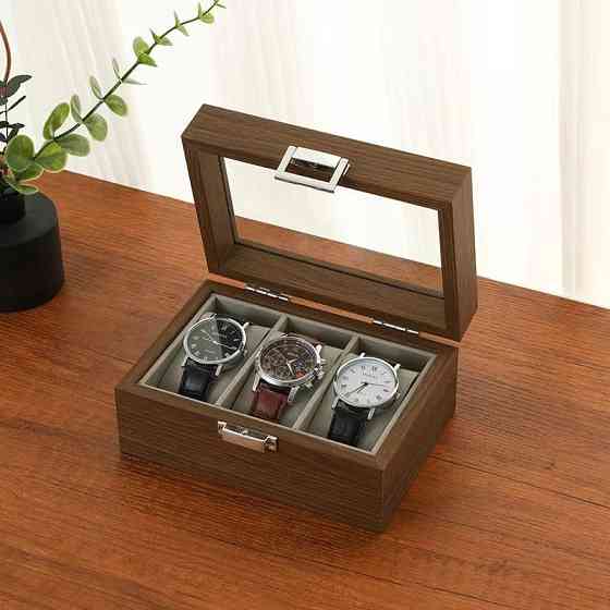 Шкатулка для хранения часов органайзер на 3 отделения деревянная с прозрачным окном,футляр органайзер для наручных часов Каменец-Подольский