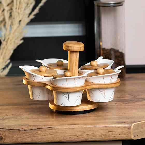 Набір для сипучих продуктів 5 банок по 120 на бамбуковій підставці білий HP1225 Коломия
