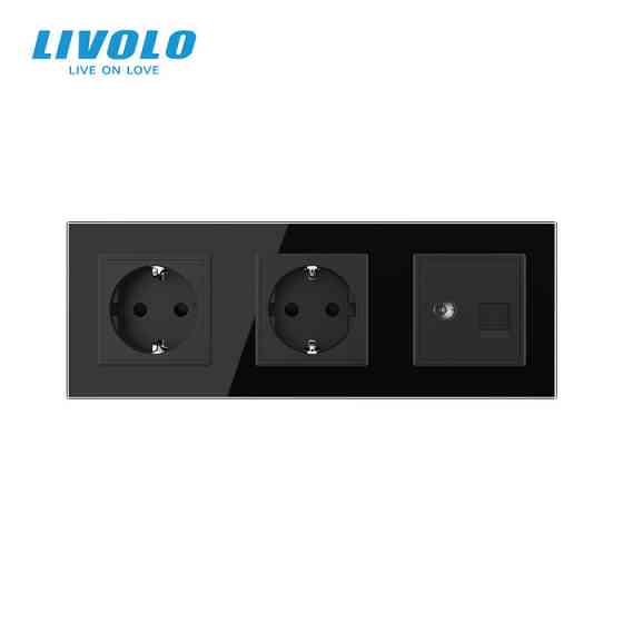 LIVOLO Розетка тримісна комбінована Силова Інтернет ТБ Livolo чорний скло (VL-C7C2EU1C1V-12) Коломия