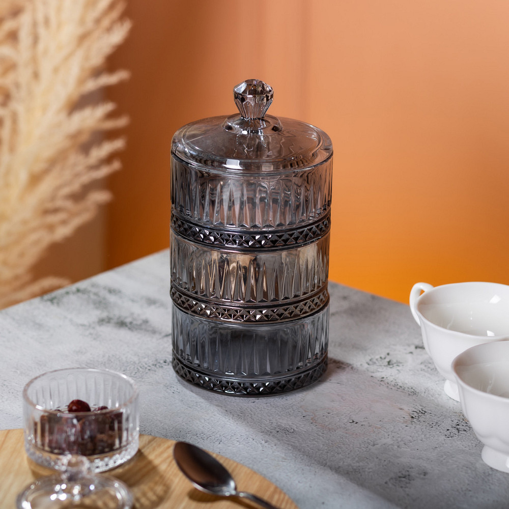 Трехуровневая стеклянная конфетница с крышкой, серая Киев - изображение 5
