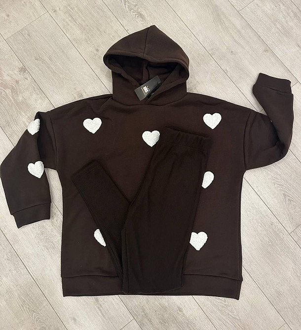 Женский теплый прогулочный костюм двойка с сердечками трехнить на флисе + ангора рубчик. Шоколад, 42/44 Одесса - изображение 5