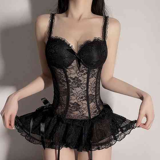 Еротичний комплект пеньюар та стрінги жіночі мереживні з прозорою сіткою XS/S Чорний Вінниця