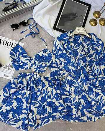 Жіночий легкий принтований костюм трійка: сорочка топ і шорти з шовку Одеса