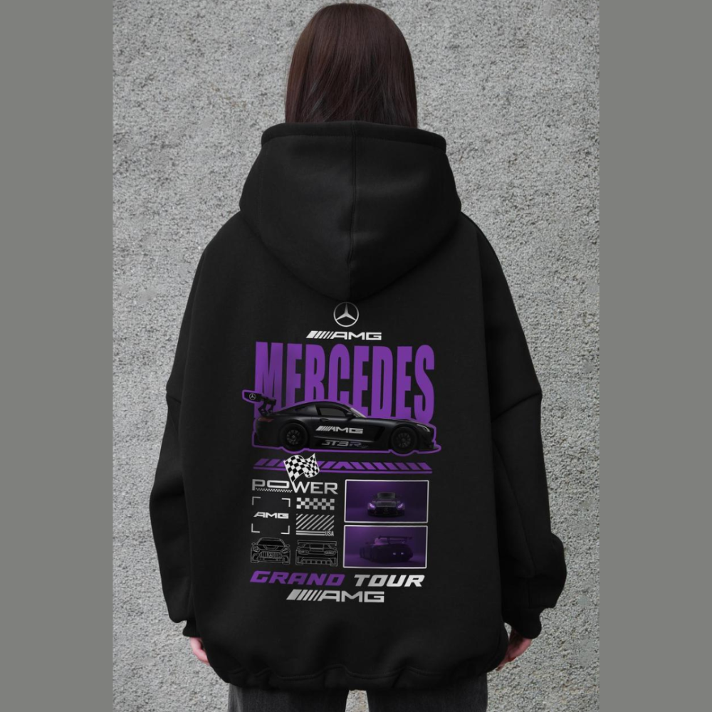Теплая женская толстовка на флисе черный худи с капюшоном oversize удлиненная кофта с карманами хлопок с принтом Мерседес Without Одесса - изображение 1