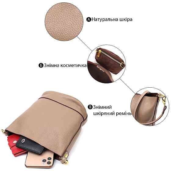 Жіноча сумка з автономною косметичкою всередині з натуральної шкіри Vintage 22364 Бежева Київ