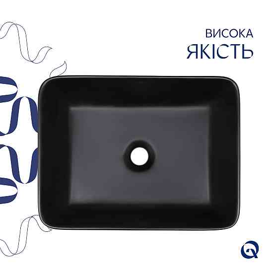 Комплект Qtap Tern: Раковина накладна прямокутна 480х370х135 мм Matt Black + Донний клапан PU03 Київ
