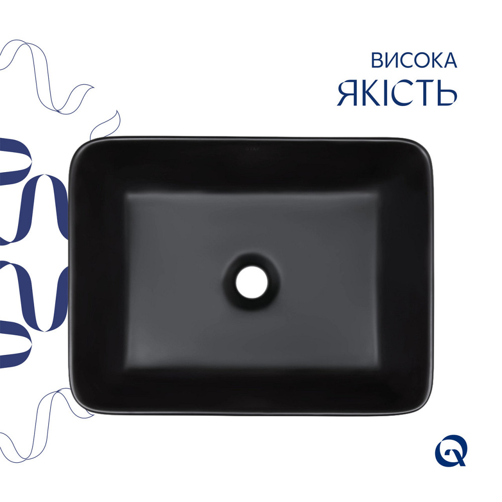 Комплект Qtap Tern: Раковина накладна прямокутна 480х370х135 мм Matt Black + Донний клапан PU03 Київ - фото 4