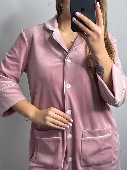 Жіноча сорочка-халат плюш-велюр Пудровий б/к XS-S Харків - фото 3