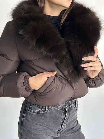 Короткий пуховик женский с мехом Бежевый Светлый Соболь XS-XL, Пуффер, Коричневый Харьков