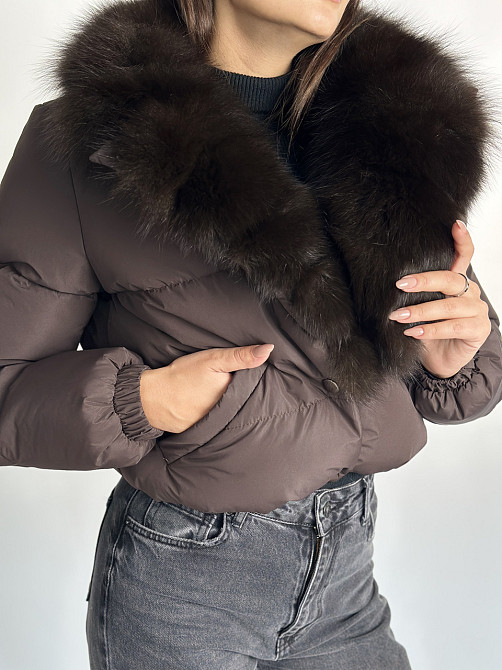 Короткий пуховик женский с мехом Бежевый Светлый Соболь XS-XL, Пуффер, Коричневый Харьков - изображение 4