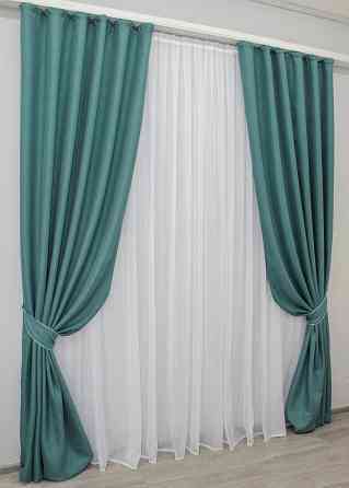 Комплект готовых штор VR-Textil Лен-блэкаут Лен Мешковина № 511ш Бирюзовый 150х270см 2 шт (30-295) Киев