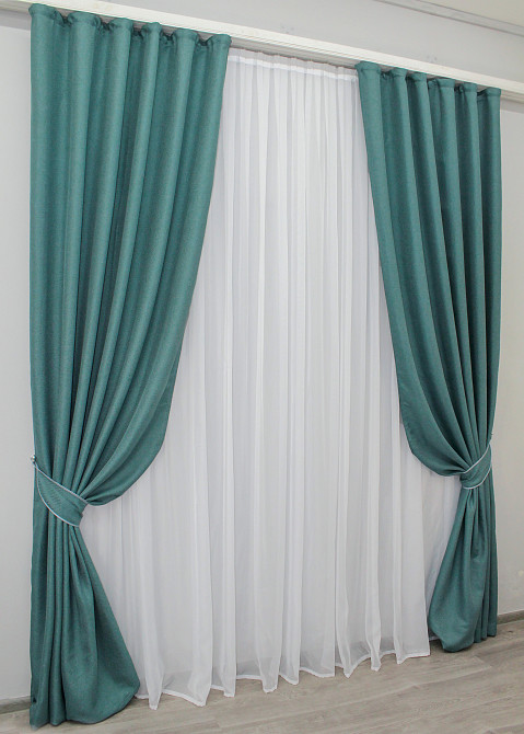 Комплект готових штор VR-Textil Льон-блекаут Льон Мішковина № 511ш Бірюзовий 150х270см 2 шт (30-295) Київ - фото 2