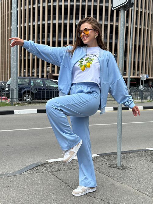 Жіночий костюм оверсайз з широкими штанами з двонитки Блакитний 46/48 Харків - фото 1