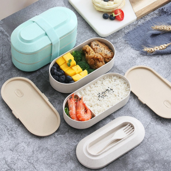 Контейнер,ланч бокс для горячей и холодной еды с термосумкой, двухъярусный для обеда с столовыми приборами, 900 мл,голубой Каменец-Подольский