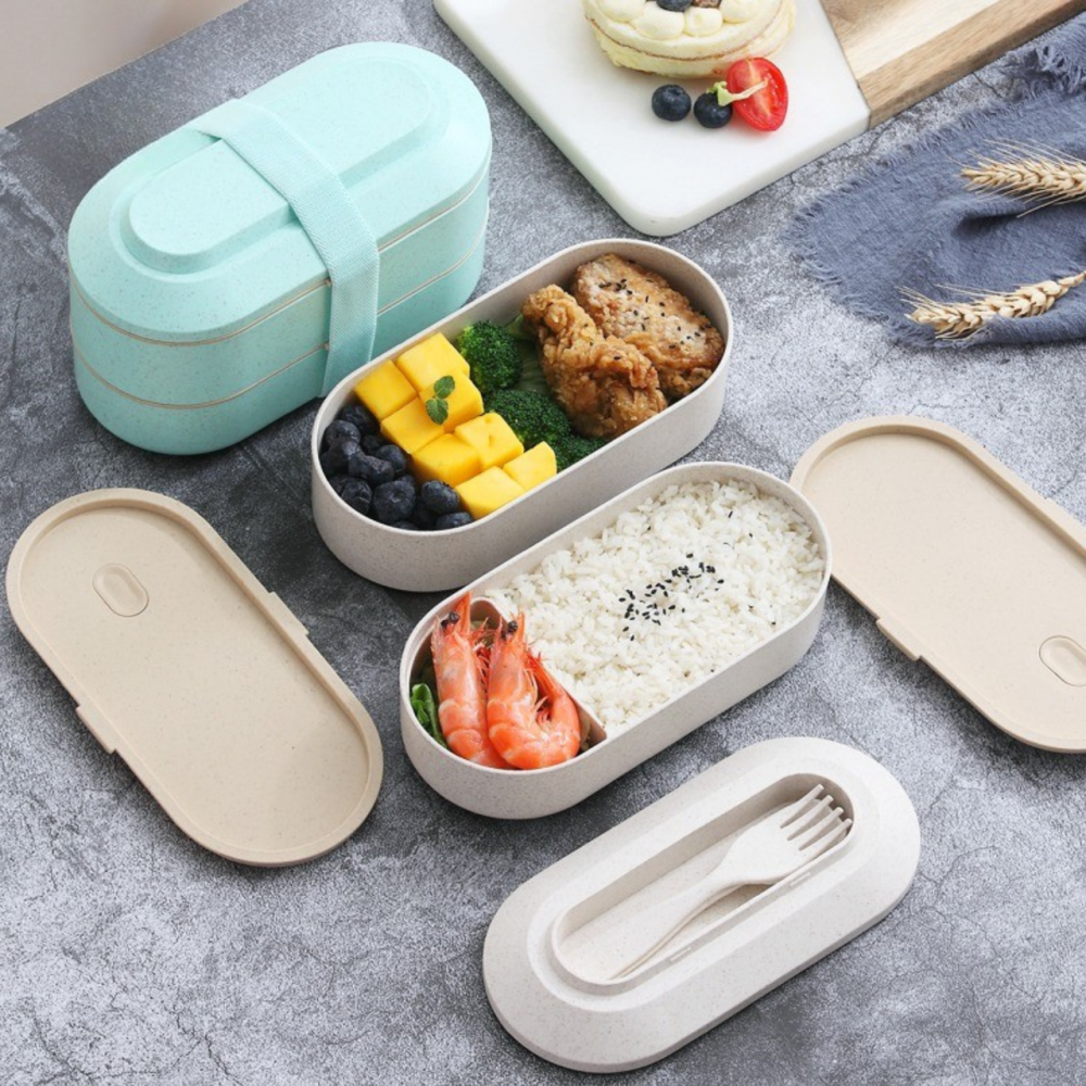 Контейнер, ланч-бокс для гарячої та холодної їжі з термосумкою, двоярусний для обіду зі столовими приборами, 900 мл, блакитний Кам'янець-Подільський - фото 3