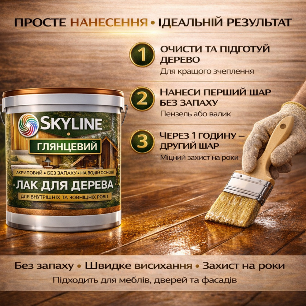 Лак для дерева Skyline глянцевий акриловий прозорий без запаху для внутрішніх та зовнішніх робіт 3 л Харків - фото 7
