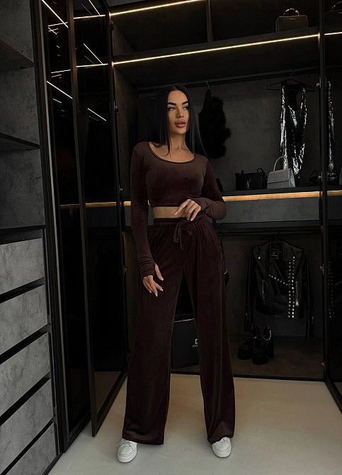 Женский прогулочный костюм двойка: лонгслив и штаны велюр Шоколад, 46/48 Одесса - изображение 5