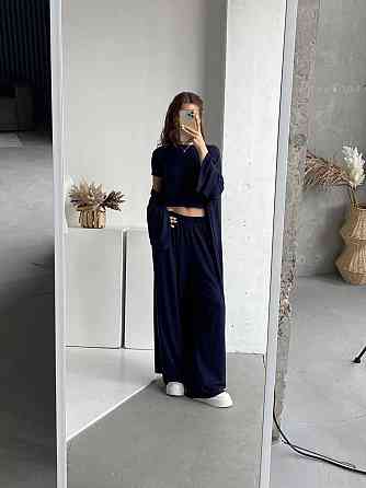 Жіночий базовий прогулянковий костюм-трійка: кімоно + футболка + палацо турецька натуральна віскоза Темно-синій Одеса