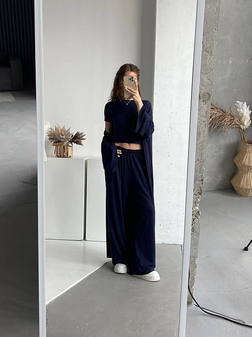 Жіночий базовий прогулянковий костюм-трійка: кімоно + футболка + палацо турецька натуральна віскоза Темно-синій Одеса - фото 1