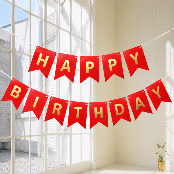 Гірлянда червона прапорці happy birthday 2,8 м, гірлянда прапорці на день народження, розтяжка день народження Київ