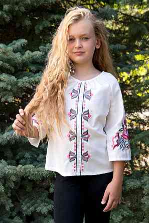 Вышиванка для девочек, льняная молочная 158 Киев