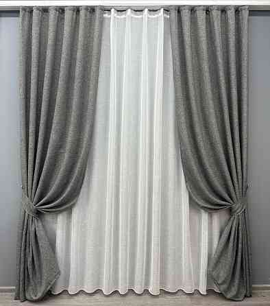Комплект штор VR-Textil Лен Мешковина 150х270 2шт и Тюль 400х270 108ш-115т Серый с белым 71-024/3 Киев