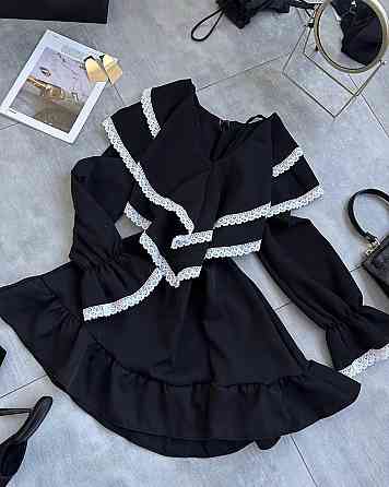 Женское романтичное платье с длинным рукавом костюмка + кружево Черный, 44/46 Одесса