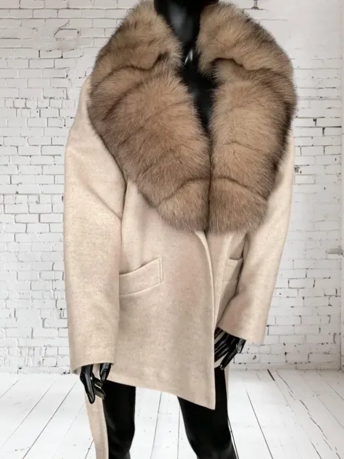 Женское пальто с меховым воротником Бежевый 2, 46 Харьков - изображение 3