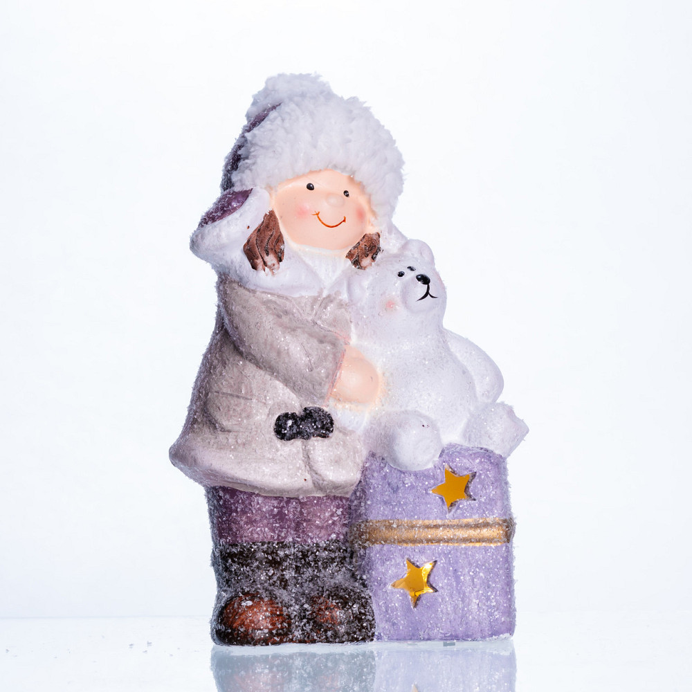 Новорічна фігурка з підсвіткою Дівчинка з ведмежам із фарфору 12×7×20 (см) CR-5-5 Коломия - фото 1