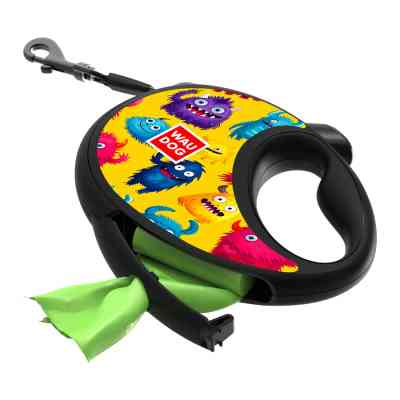 Повідець для собак WAUDOG R-leash з контейнером для пакетів "Мохнаті монстри", світловідбивна стрічка, S (255-4050) Вінниця